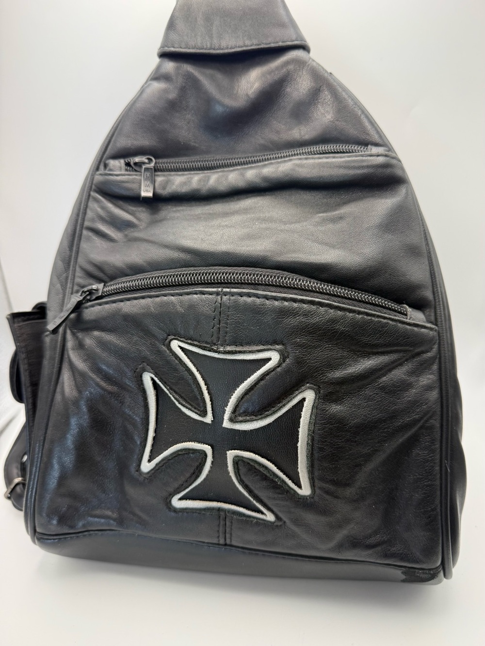 Black Leather Cross Accent Sling Bag / Backpack